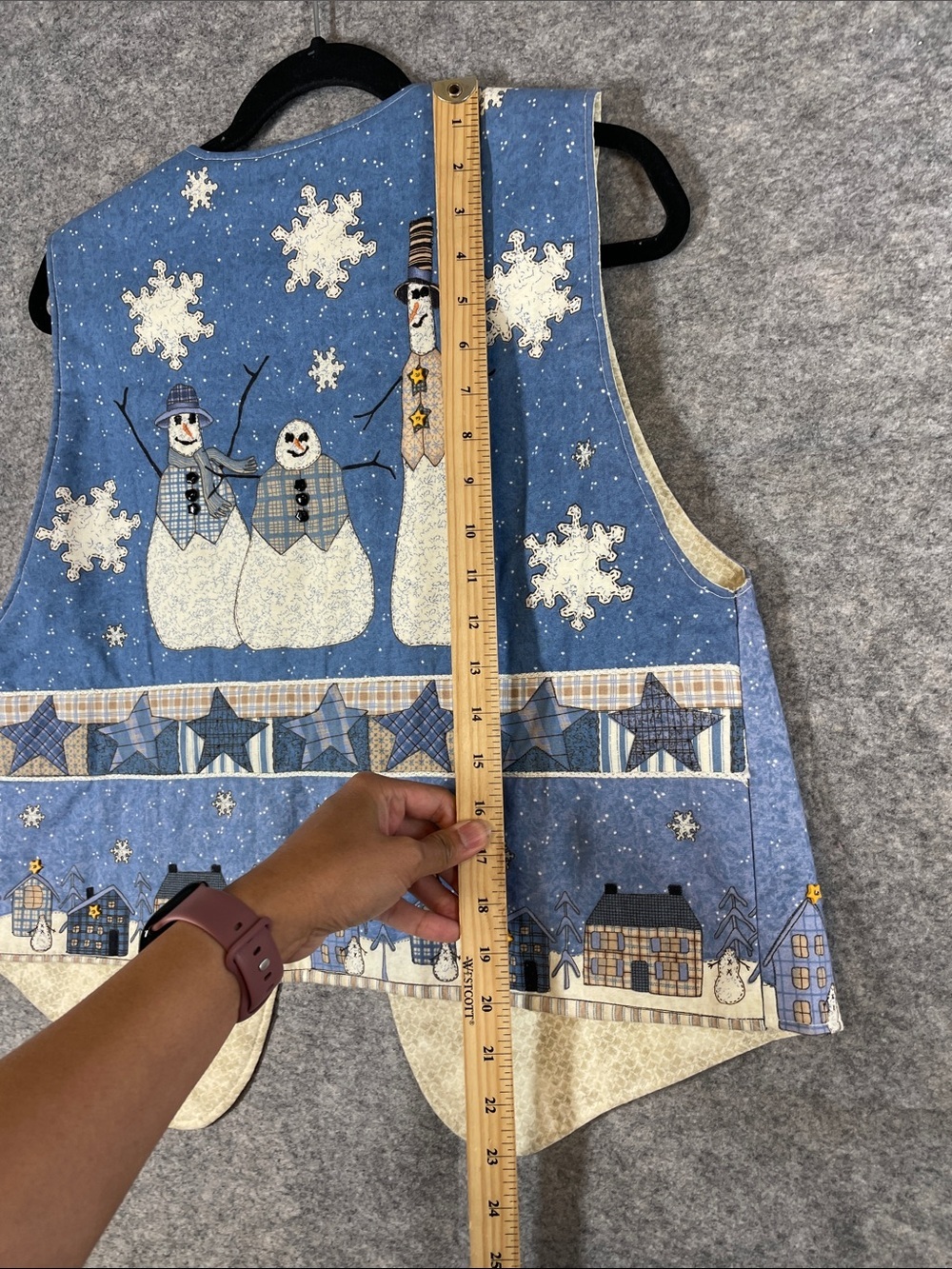 Vintage Winter Snowman Patchwork Vest Blue Cream Christmas Holiday Cottagecore - Picture 10 of 12